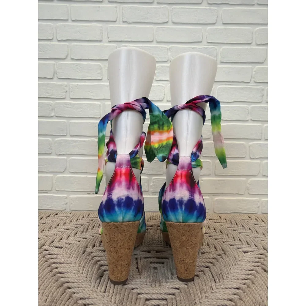 Impo Olitha Tie-Dye Wedge Sandals Multi Ankle Wrap Size 7
